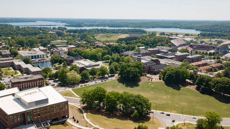Aerial photograph of Clemson's campus encompassing Bowman feild, the North Green, West Campus, and Memorial Stadium